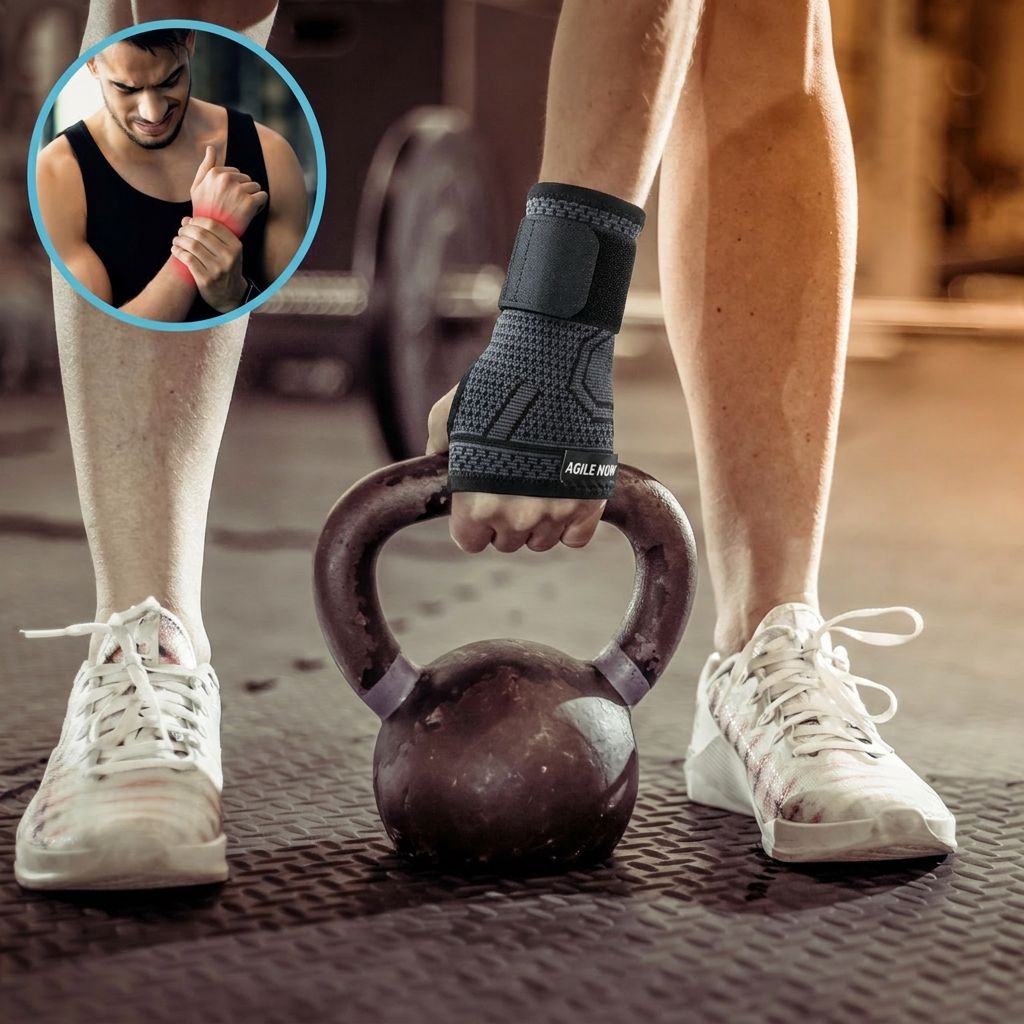 Man in sportschool met polsbrace. Zwarte brace. Sportieve activiteit.