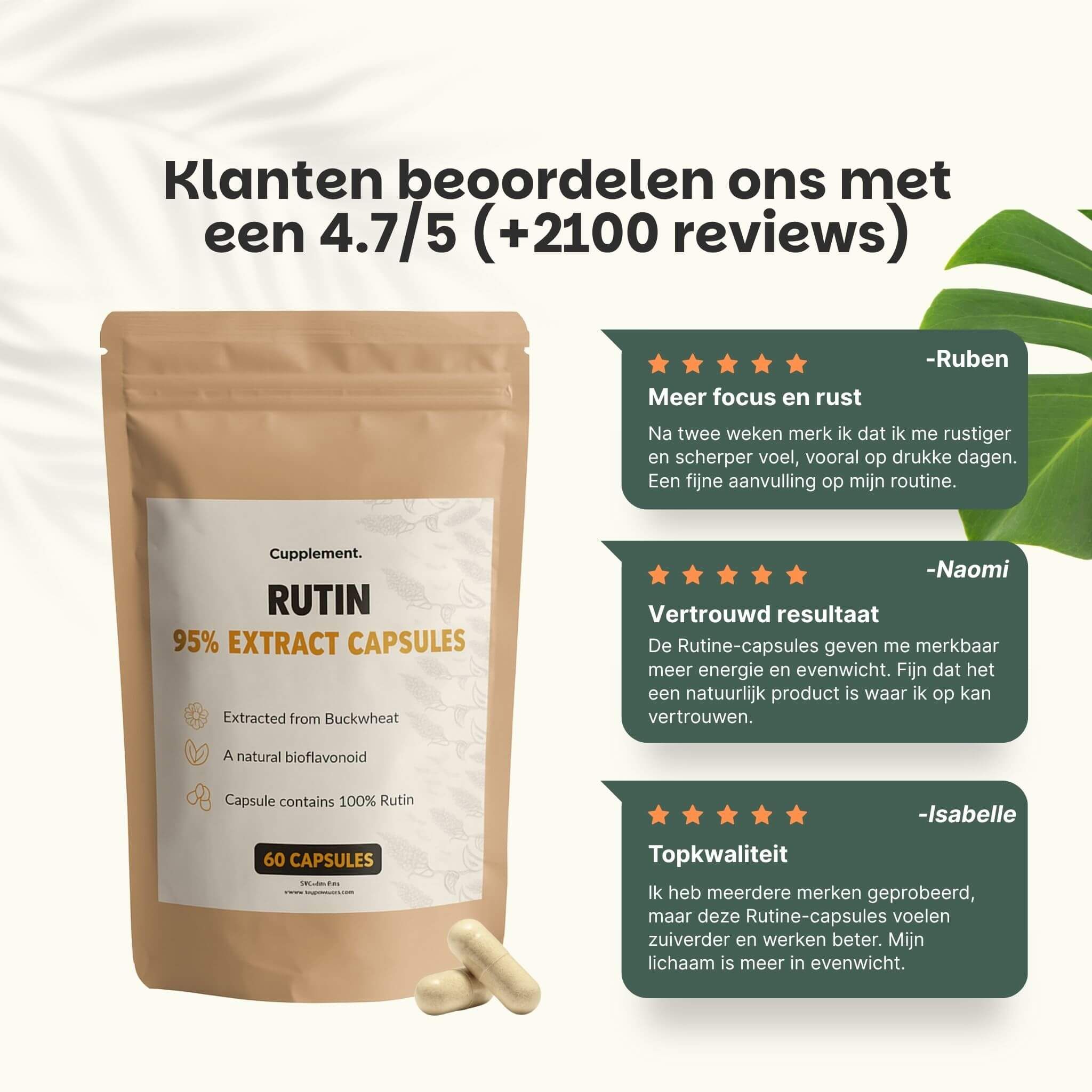 Zakje met capsules. Tekst: Rutine 95% extract. 60 capsules. Klantbeoordeling 4.7/5. 3 beoordelingen.