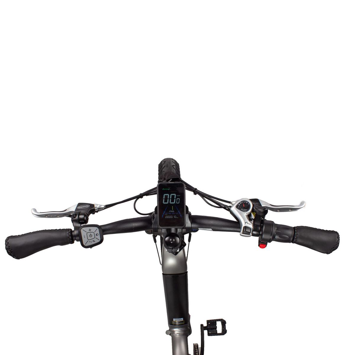 Guidon de vélo électrique pliable avec écran. Poignées noires, leviers de frein, commandes. Logo JOBOBIKE sur l'écran.