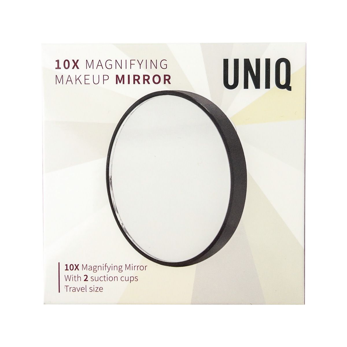 Emballage pour miroir de maquillage UNIQ 10x avec ventouses, format voyage.