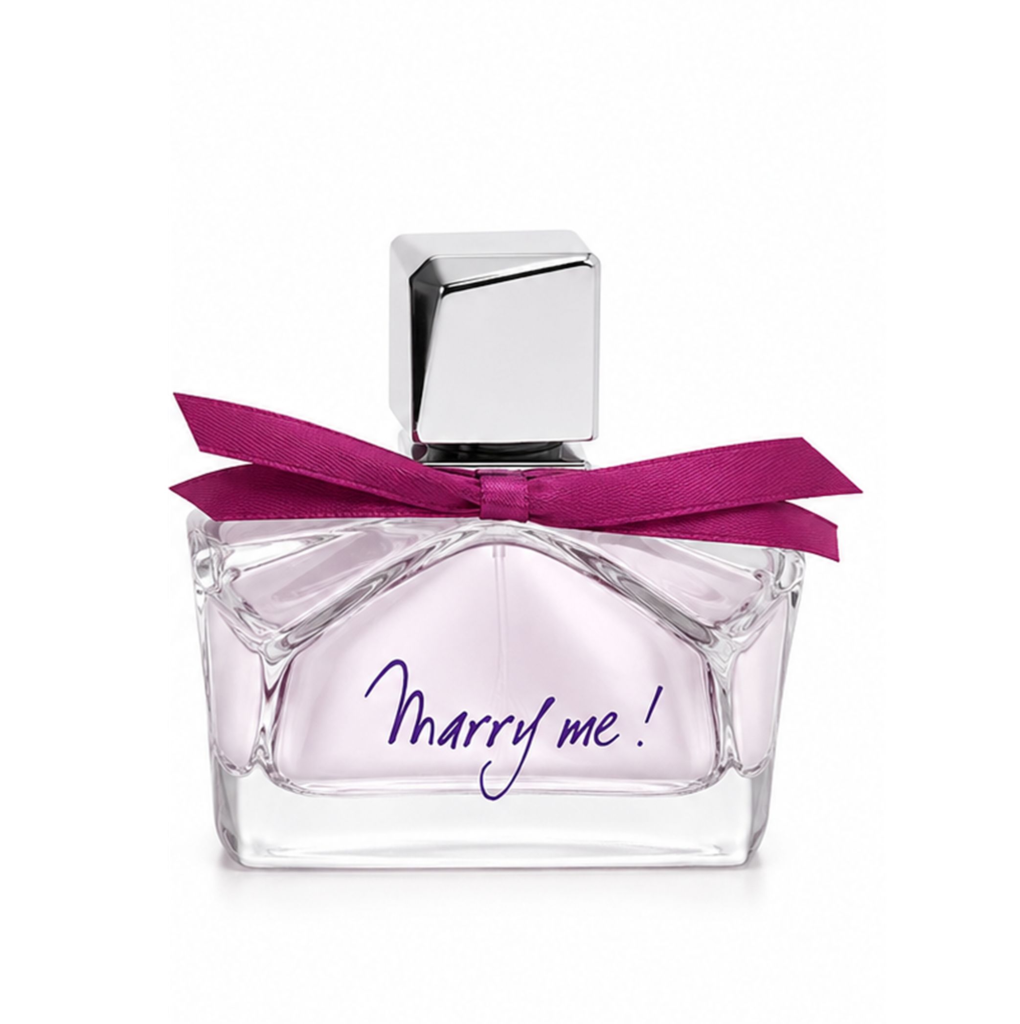 Flacon de Lanvin Marry Me! Eau de Parfum avec bouchon argenté et ruban rose.