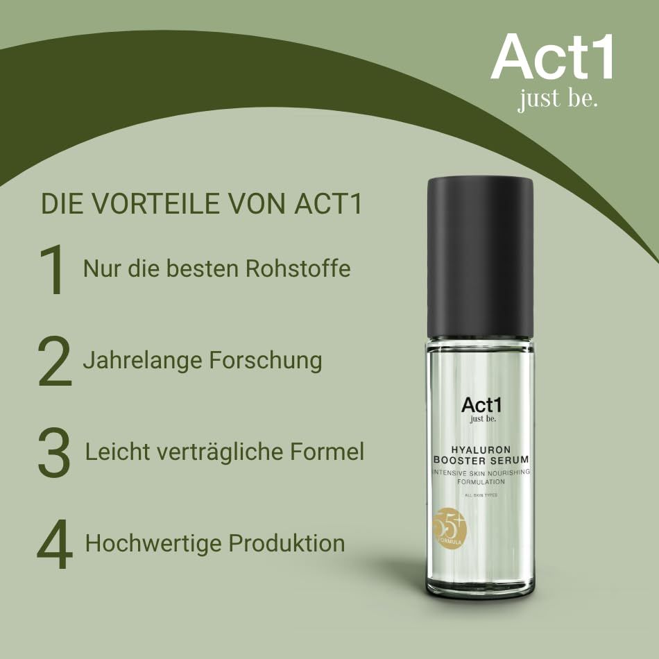 Serumfles met zwarte dop. Opschrift: Act1, Hyaluron Booster Serum. Tekst: Voordelen van Act1.