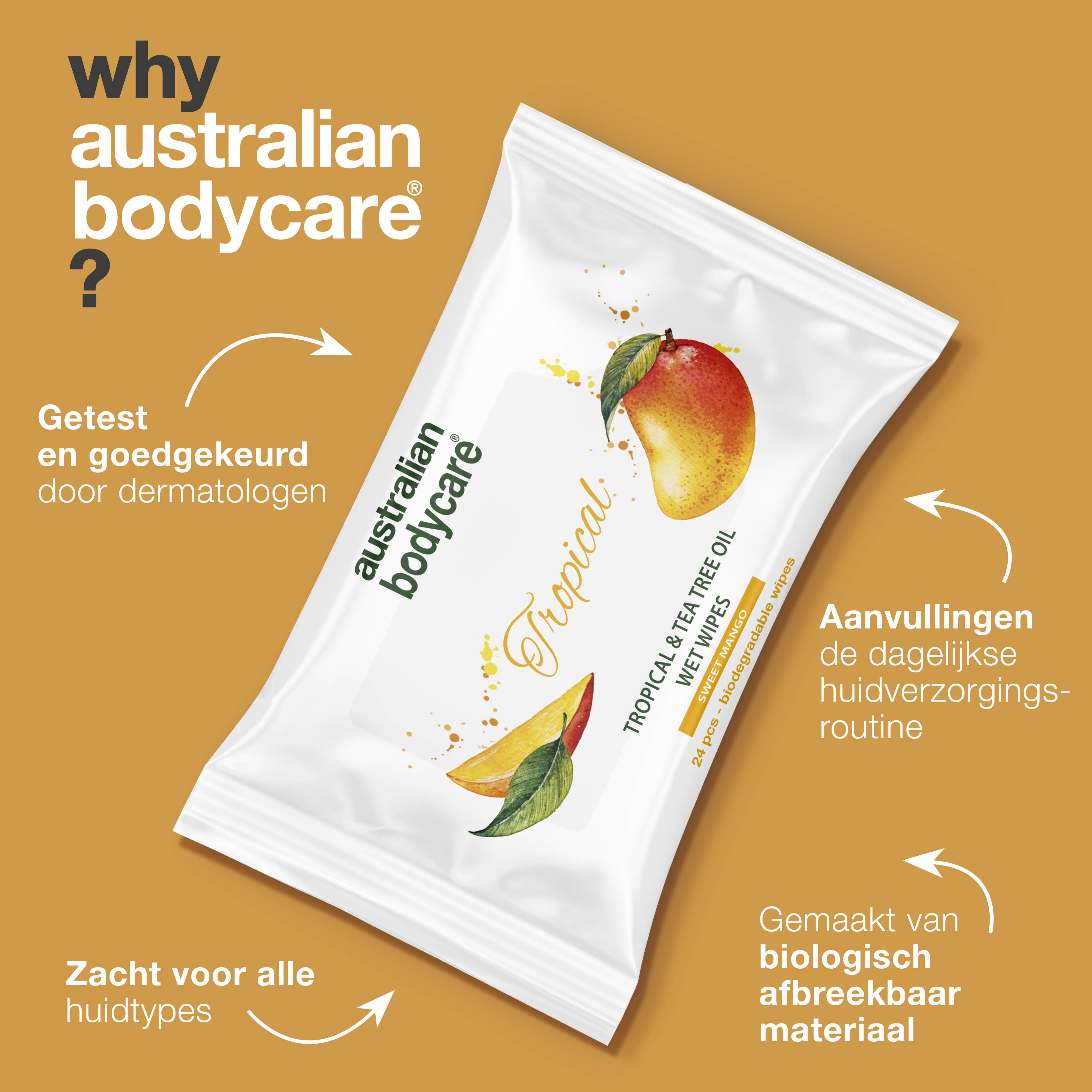 Verpakking vochtige doekjes. Tekst: Waarom Australian Bodycare? Getest door dermatologen. Zacht voor alle huidtypes.