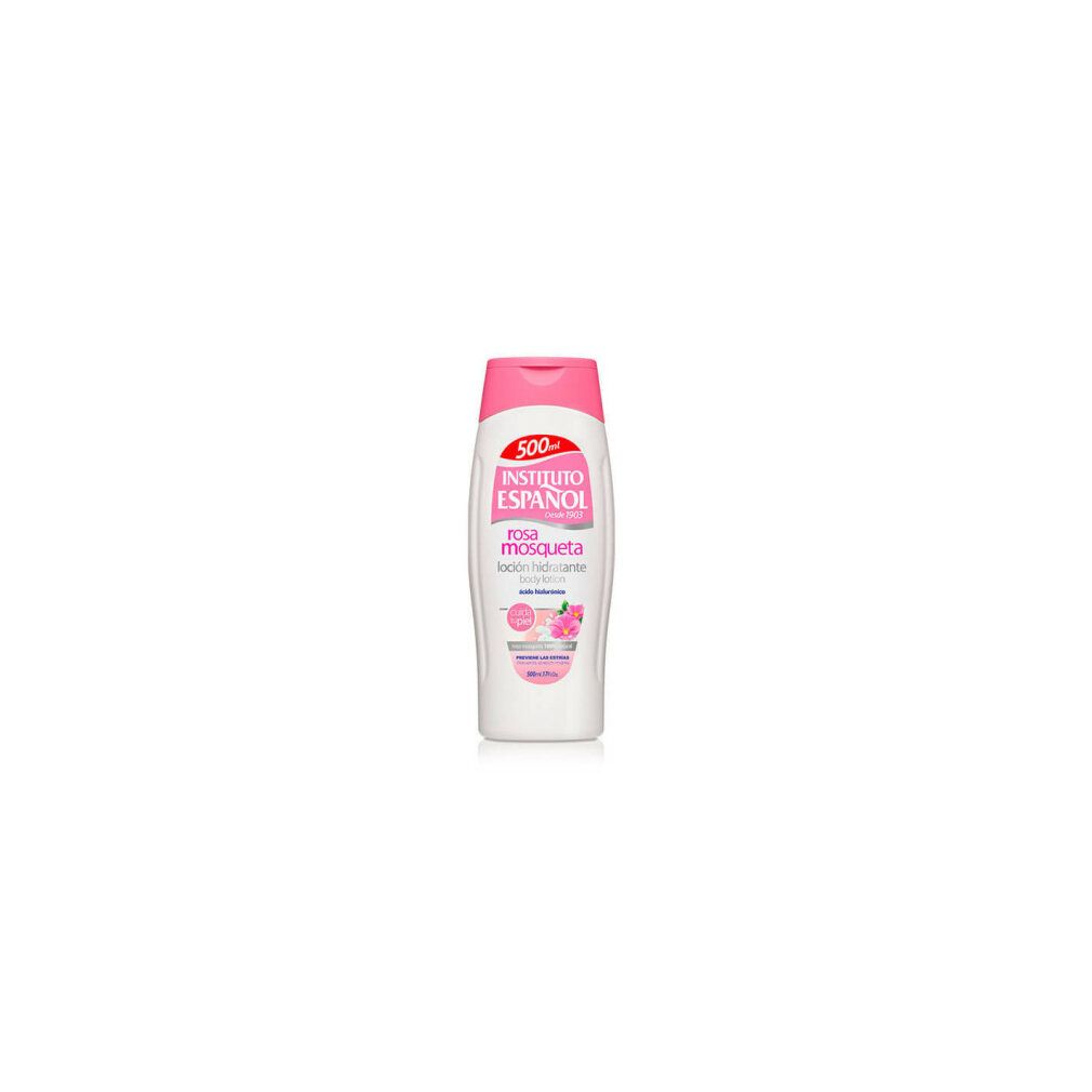 Bouteille blanche avec bouchon rose, lotion pour le corps Instituto Español Rosa Mosqueta, 500ml.