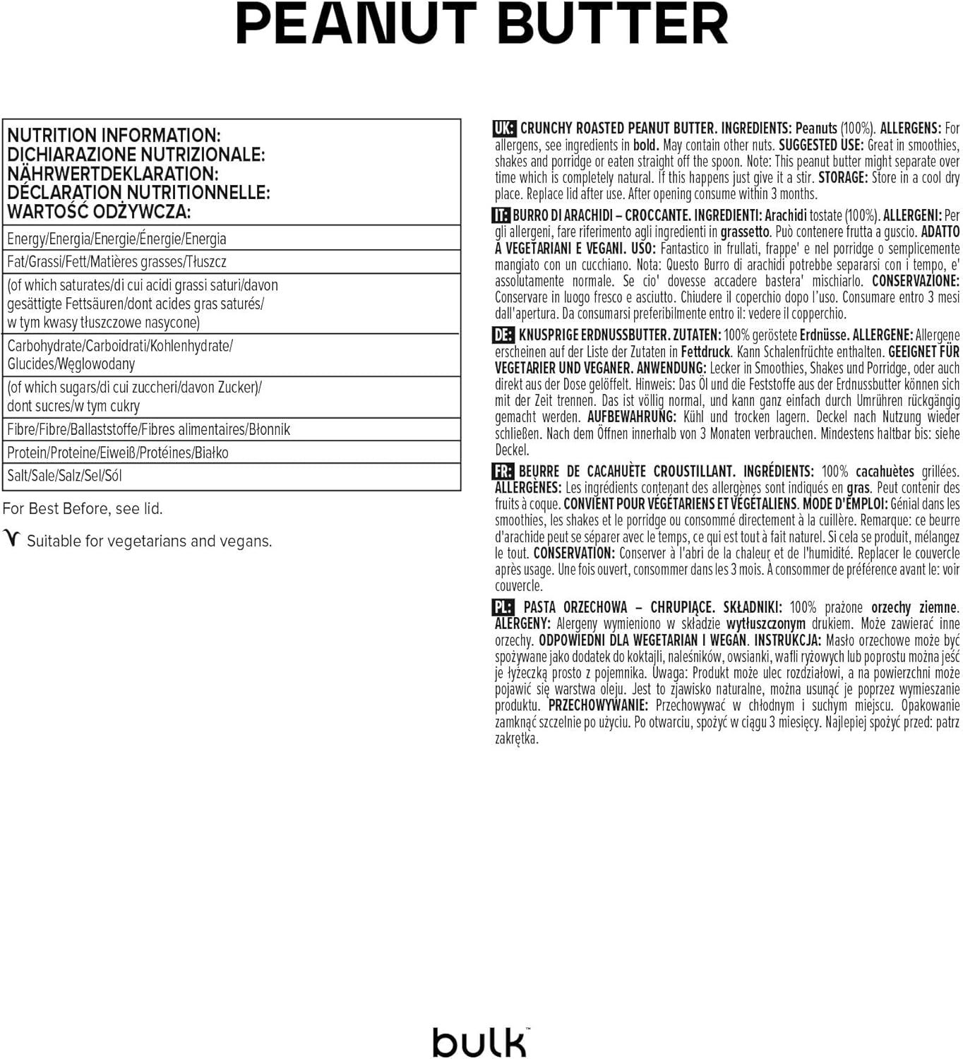 Informations nutritionnelles et liste des ingrédients pour Bulk Crunchy Peanut Butter.