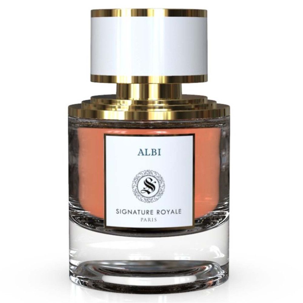 Flacon de parfum avec bouchon blanc et détails dorés. Étiquette "ALBI" et "Signature Royale Paris".