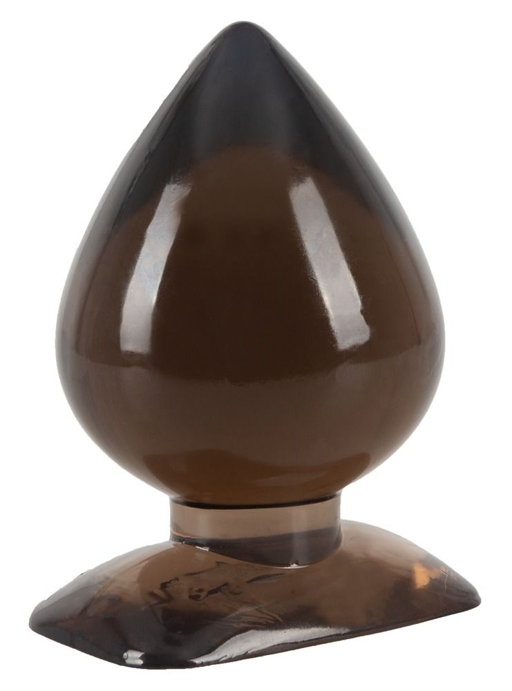 Plug anal en forme de goutte, en matière marron brillante avec une base large.