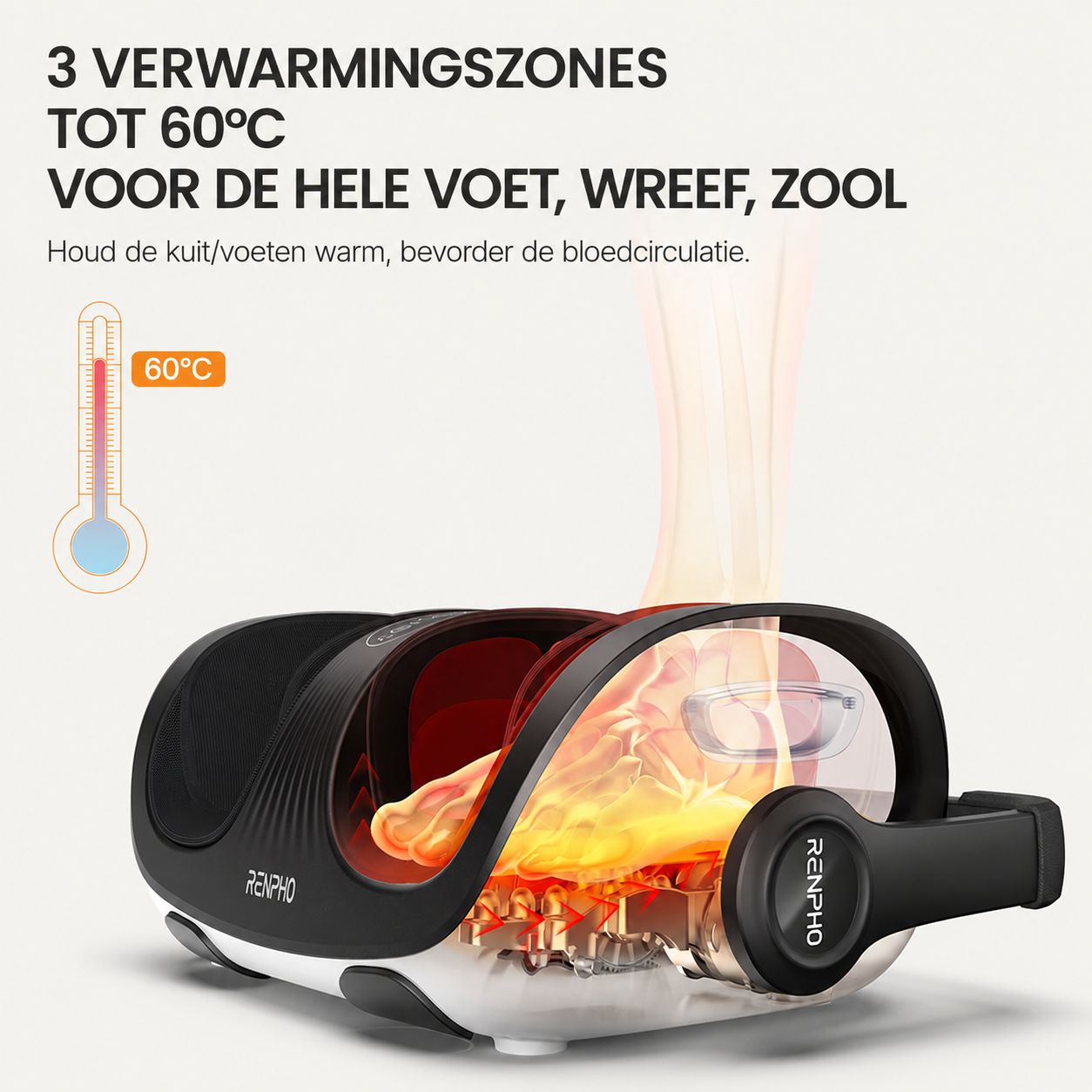 Elektrische voetmassager met verwarmingsfunctie tot 60°C voor voeten, enkels en zolen.