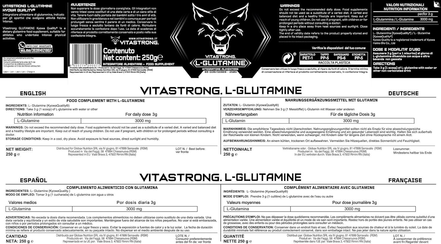 Etiket met informatie over VITASTORNG L-GLUTAMINE in het Engels, Duits, Spaans en Frans. Bevat voedingsinformatie.