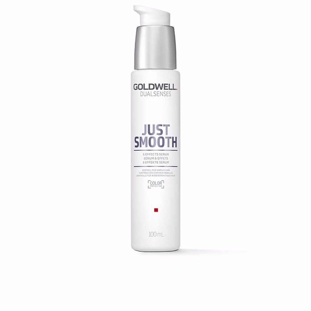 Sérum Goldwell Dualsenses Just Smooth. Flacon blanc avec pompe argentée. Nom du produit et logo visibles.