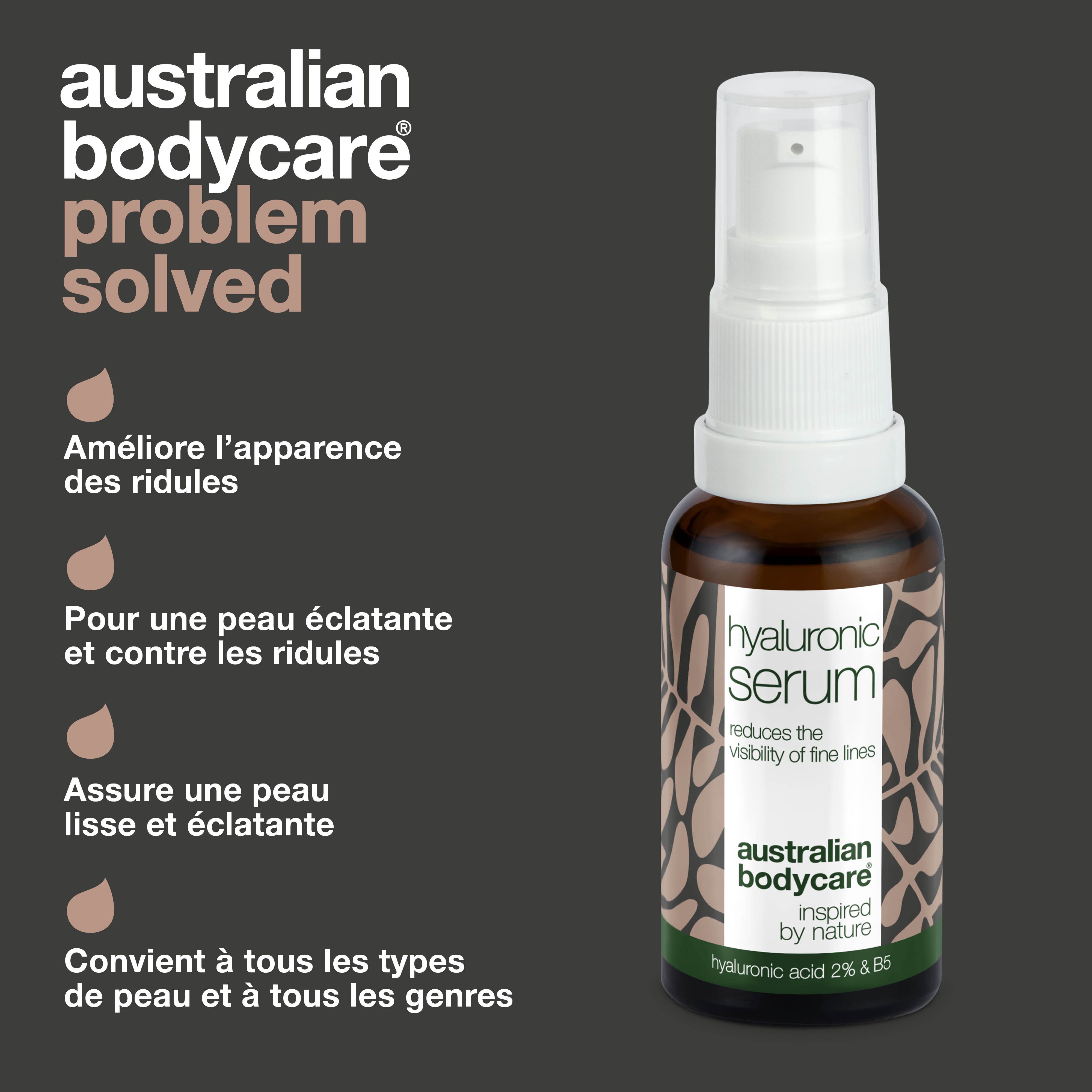 Flacon brun avec pompe blanche. Inscription : Hyaluronic Serum, australian bodycare.