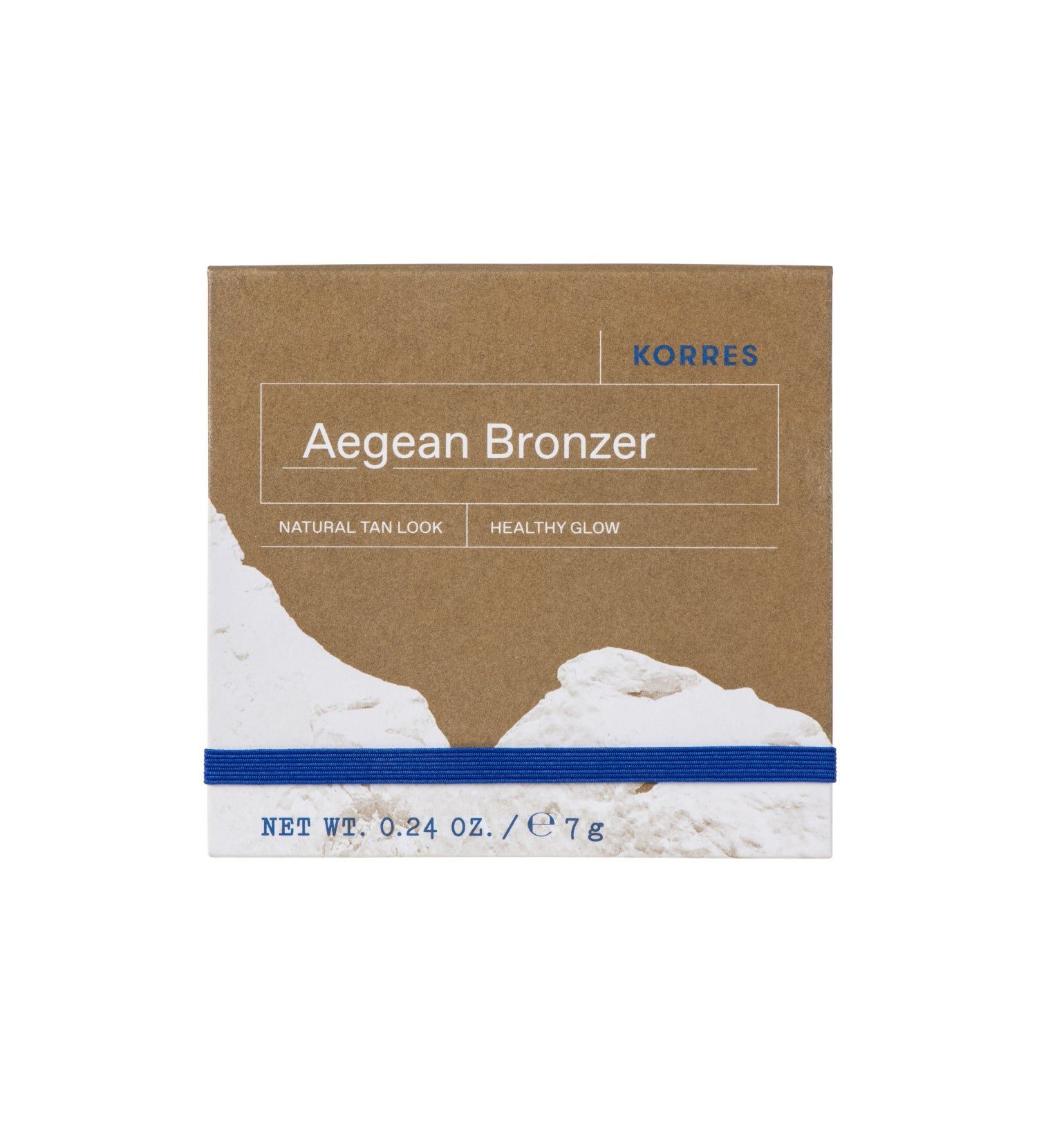 Emballage en carton KORRES Aegean Bronzer. Bande élastique bleue. Inscription : Natural Tan Look, Healthy Glow, Net Wt. 0.24 OZ. / 7 g.