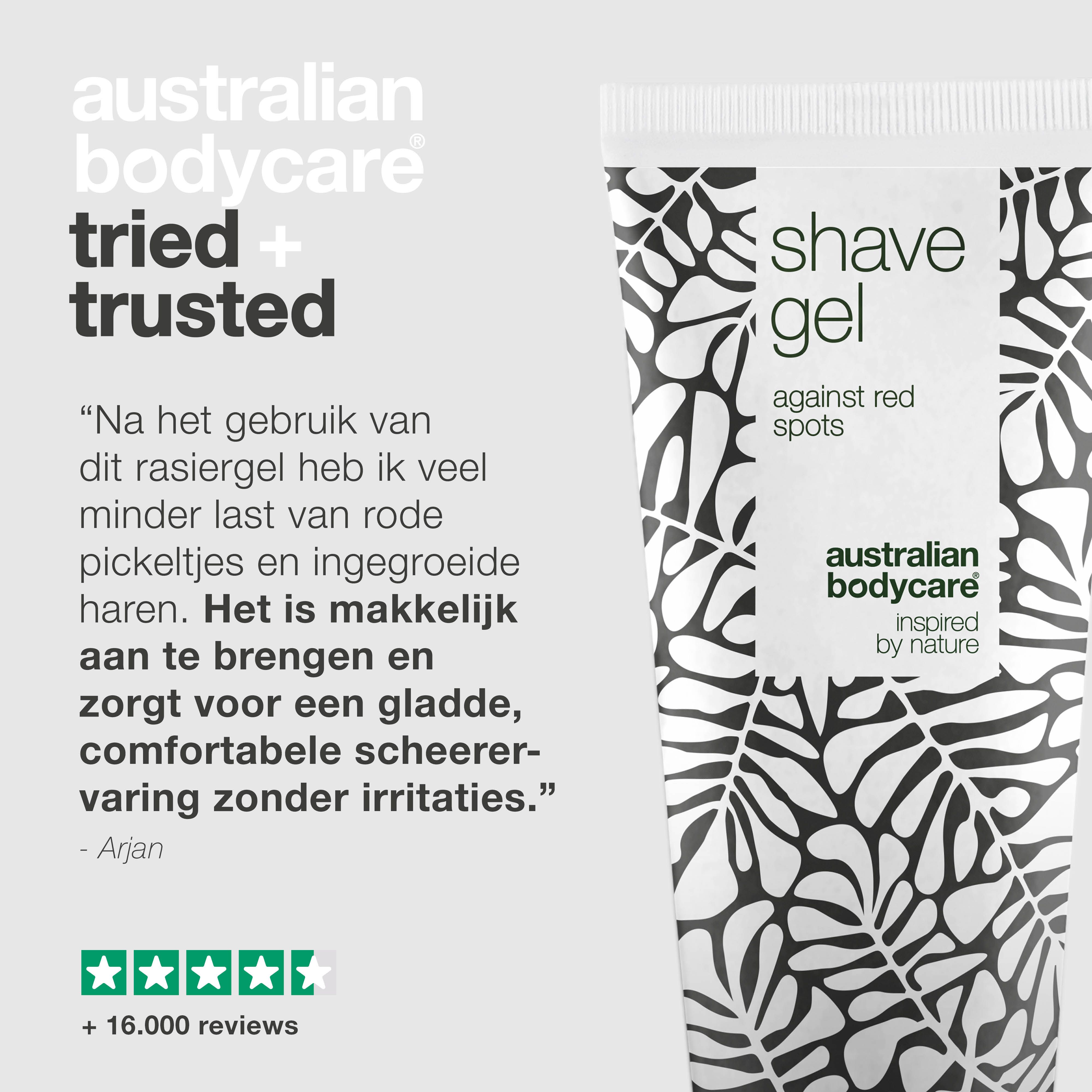Tube scheergel met tekst. Opschrift: shave gel against red spots. Australian Bodycare. Getest en goedgekeurd.