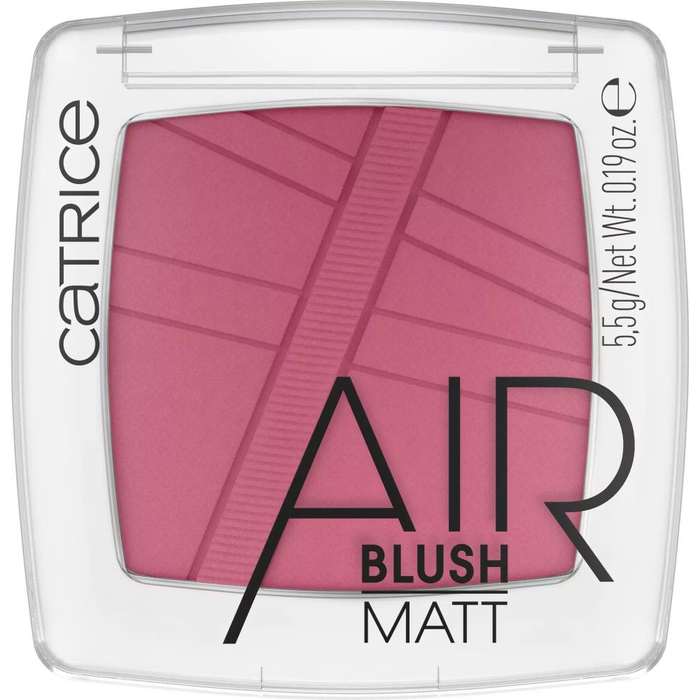 Rouge en poudre dans un emballage transparent carré. Inscription : CATRICE, AIR BLUSH MATT, 5,5g/Net Wt. 0.19 oz.