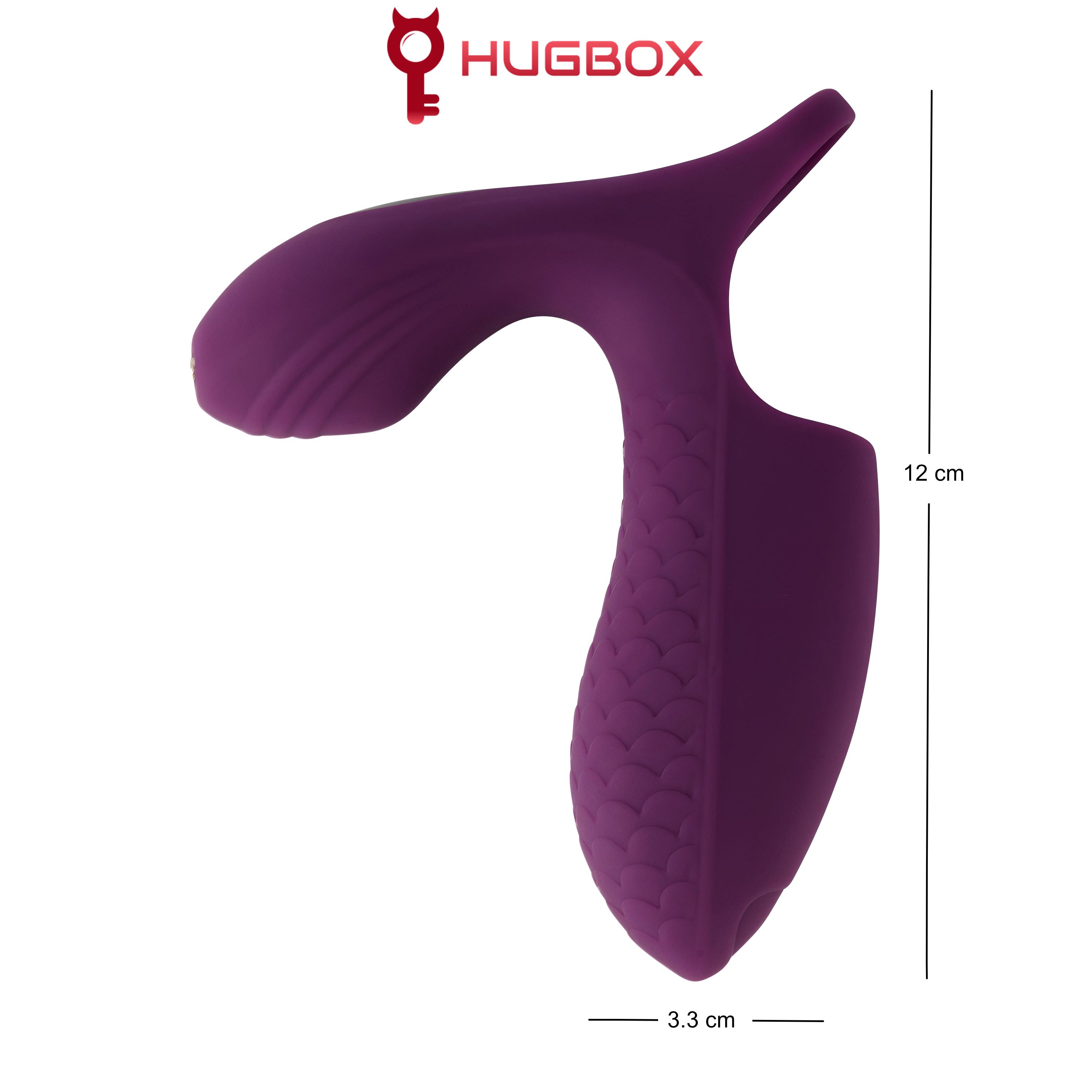 Produit violet avec surface texturée. Dimensions : 12 cm de haut, 3,3 cm de large. Logo : HUGBOX.