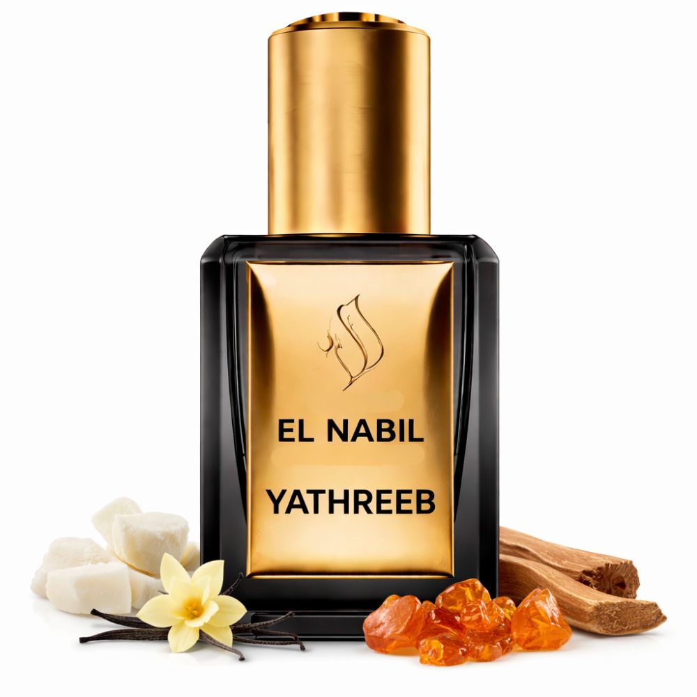 Flacon noir avec bouchon doré. Façade dorée avec logo et texte: El Nabil Yathreeb. Fleurs, bois et résine à côté.