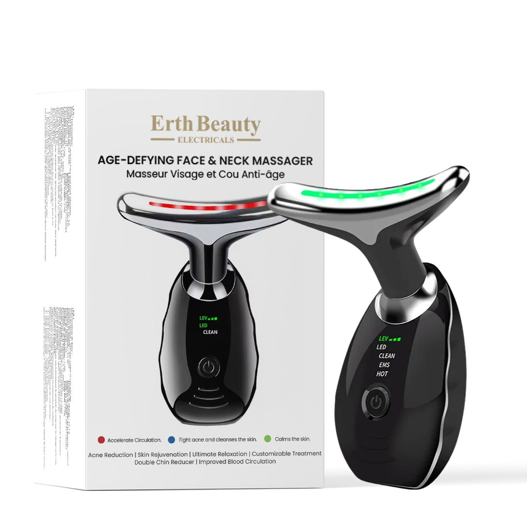 Zwarte gezichts- en nekmassager met zilveren accenten. Toont rode en groene LED-lampjes.