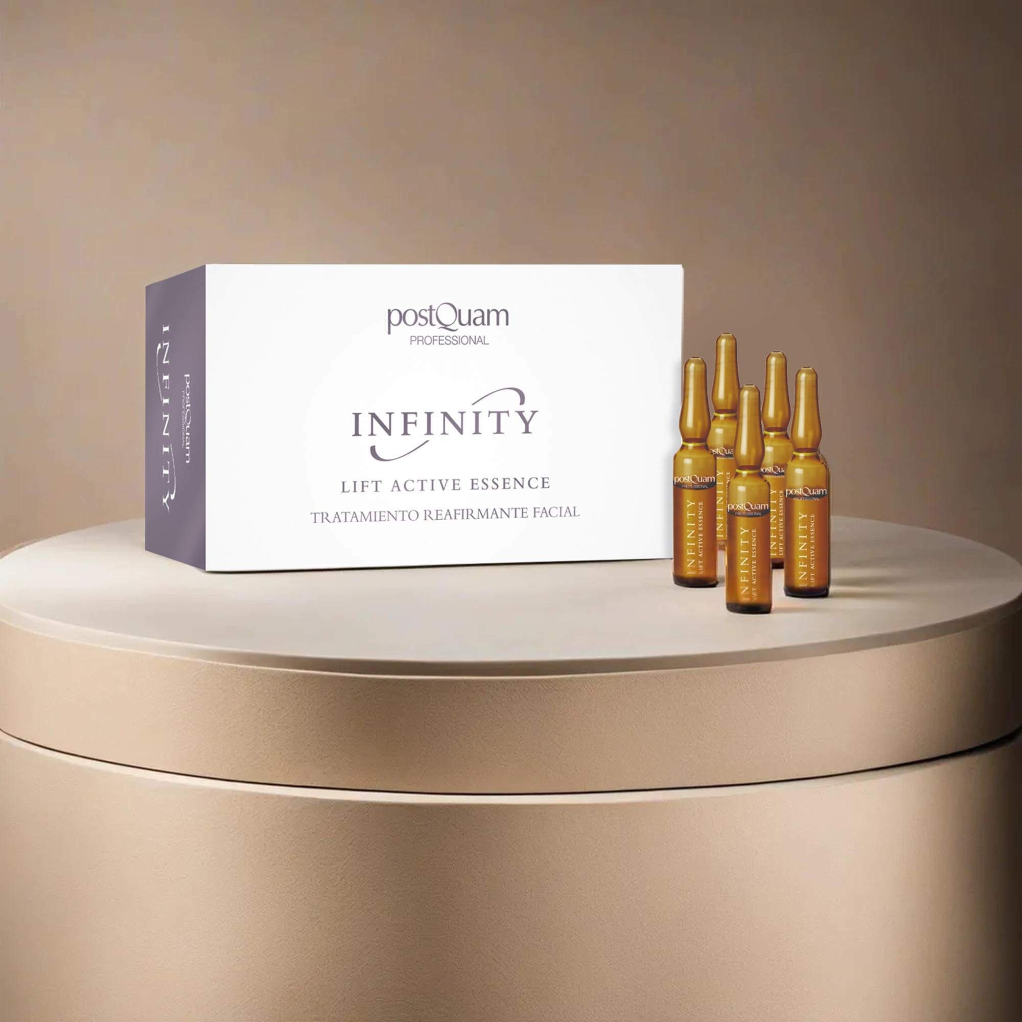 Boîte et ampoules sur socle. Inscription: Postquam, Infinity, Lift Active Essence.