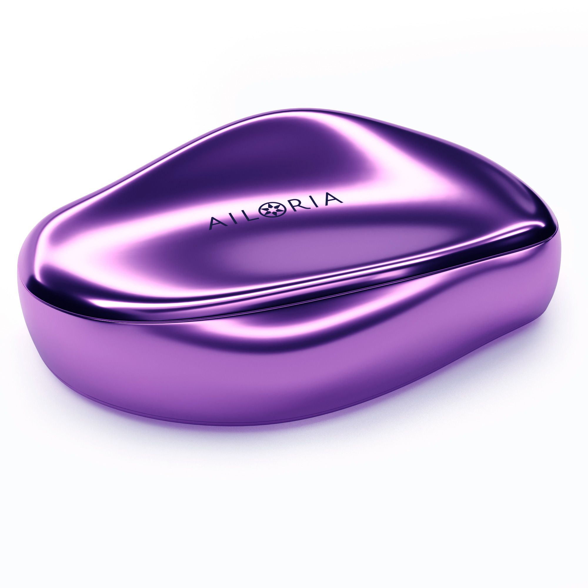 Étui violet avec logo AILORIA. Surface brillante, forme ovale.