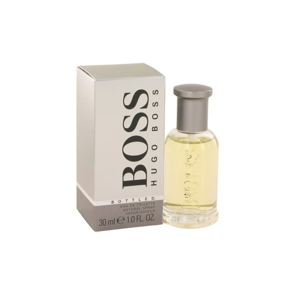 Flacon et emballage de Boss Bottled Eau de Toilette. Flacon avec bouchon argenté. Emballage avec logo et nom du produit.