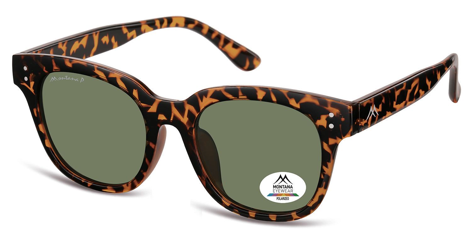 Lunettes de soleil marron à motif écaille de tortue. Verres verts. Logo Montana Eyewear et autocollant Polarized.