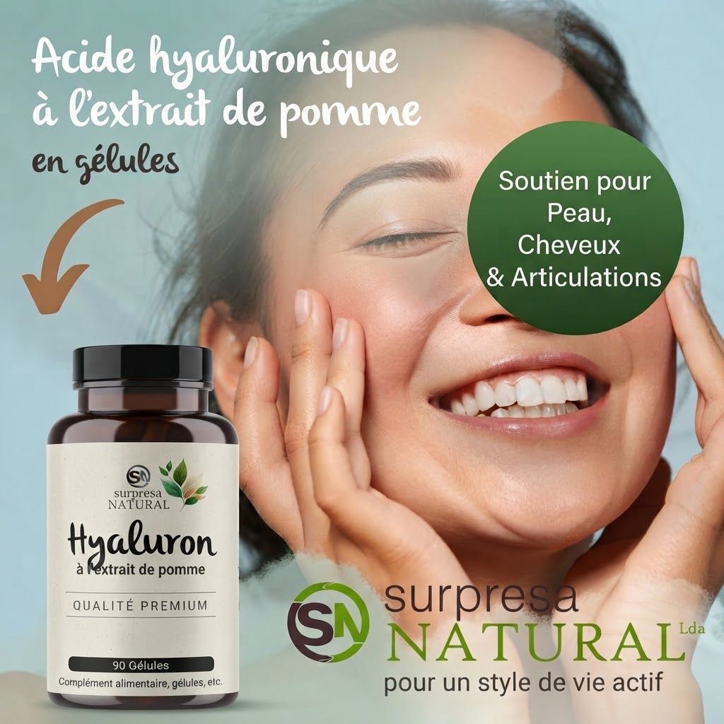 Bouteille de capsules Surpresa Natural Hyaluron avec extrait de pomme. Acide hyaluronique à l'extrait de pomme en gélules.