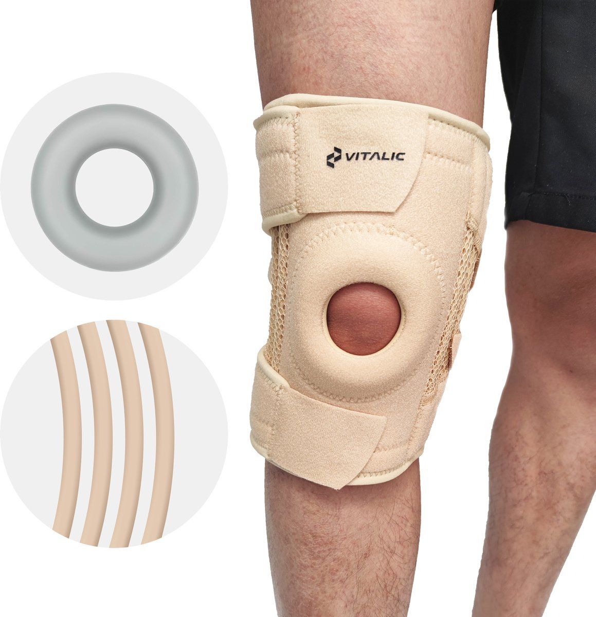 Genouillère beige sur une jambe. Marque VITALIC visible. Anneau gris et bandes.