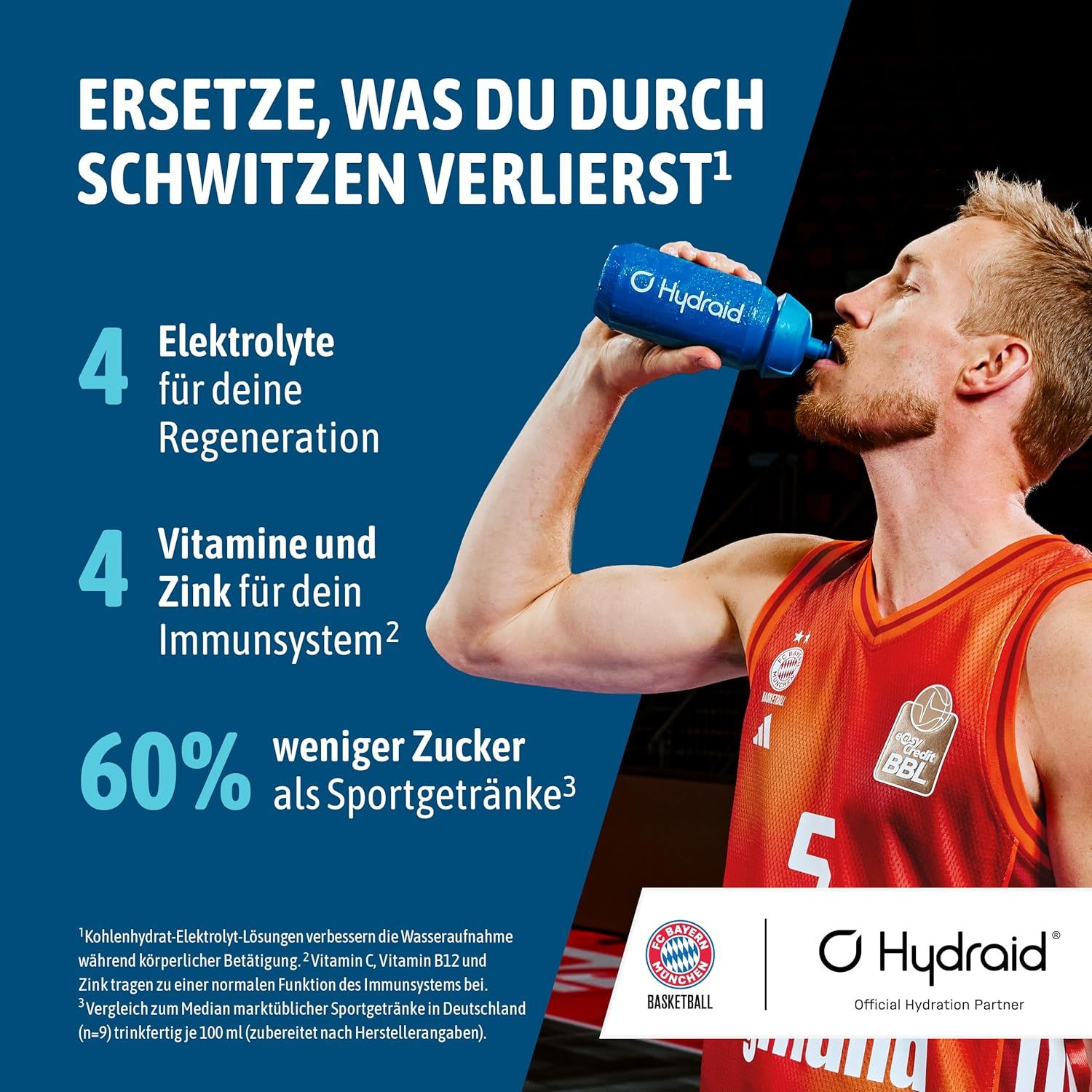 Joueur de basket boit d'une gourde Hydraid. 4 électrolytes, 4 vitamines, 60% moins de sucre.