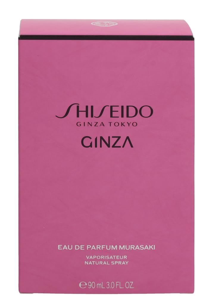 Roze rechthoekige doos met zwart Shiseido-logo en Ginza-tekst. Tekst: Eau de Parfum Murasaki.