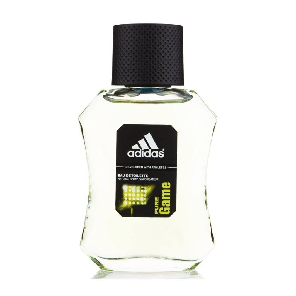 Flacon Adidas Pure Game Eau de Toilette. Bouchon noir, logo sur étiquette noire. Flacon clair avec liquide jaunâtre.