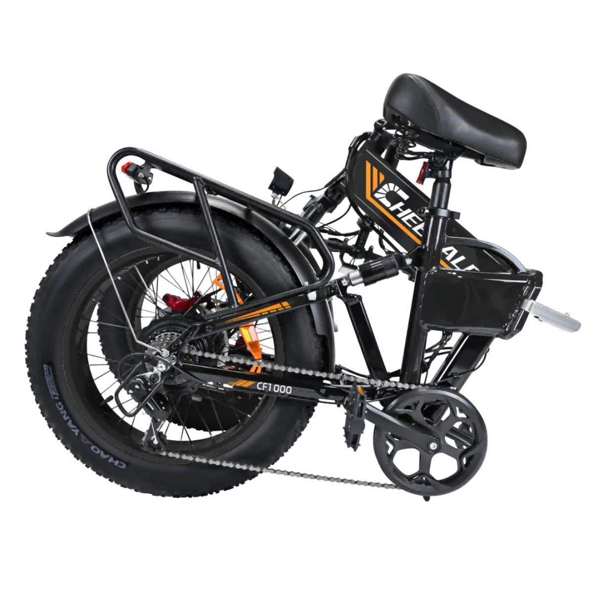 Vélo électrique noir plié avec pneus larges et inscription CHEEVALRY.