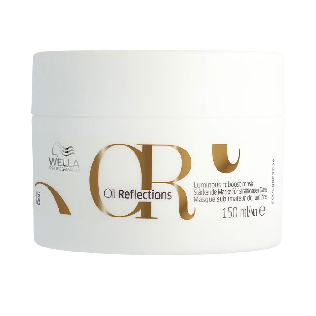Witte pot met gouden belettering "CR Oil Reflections". Tekst: "Luminous reboost mask".