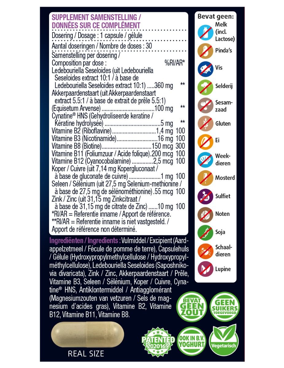 Dos de l'emballage Haar Volume. Contient ingrédients, informations nutritionnelles et allergènes.