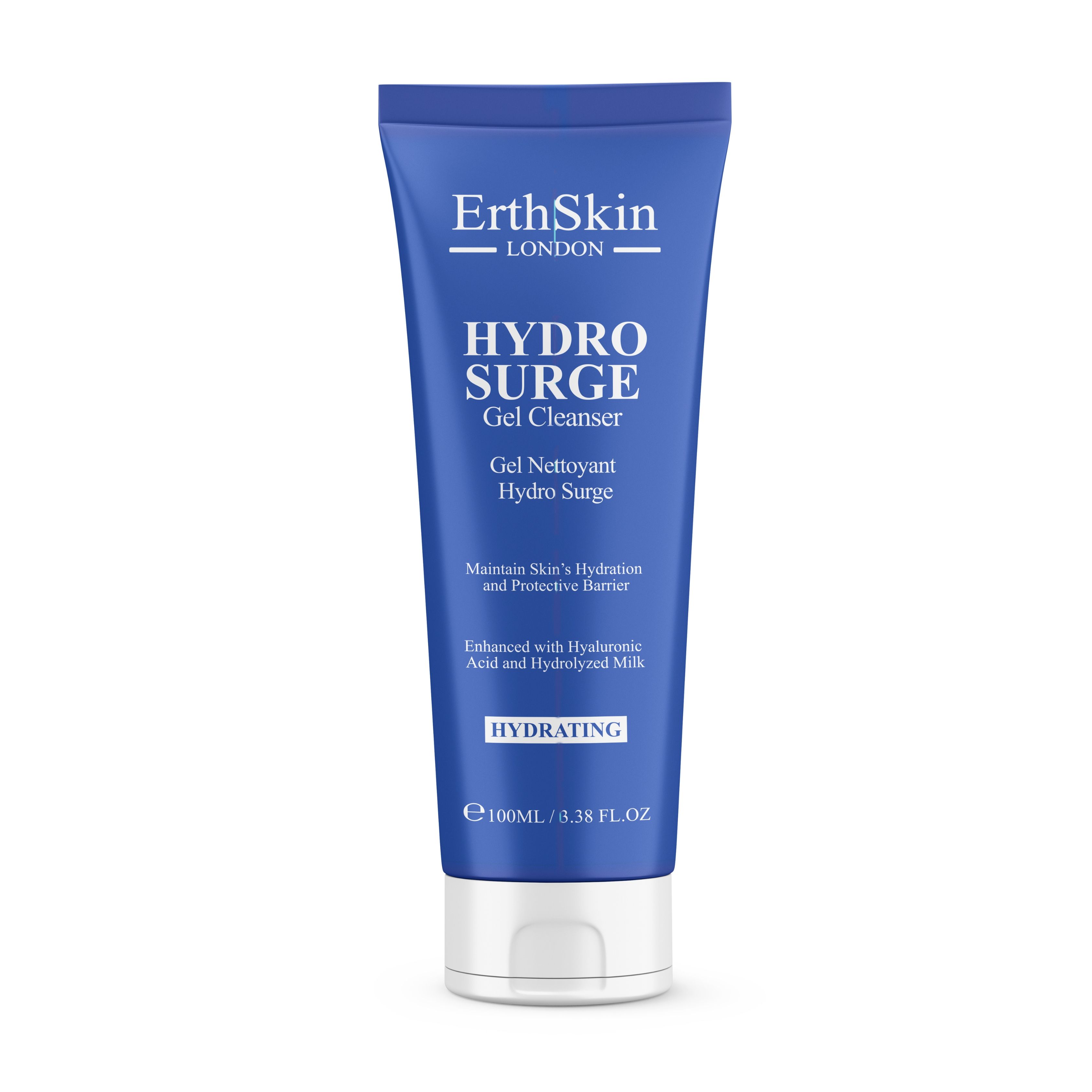 Tube bleue avec bouchon blanc. Inscription: ErthSkin London, HYDROSURGE Gel Cleanser. Texte: Hydrating, 100ml/3.38 fl.oz.