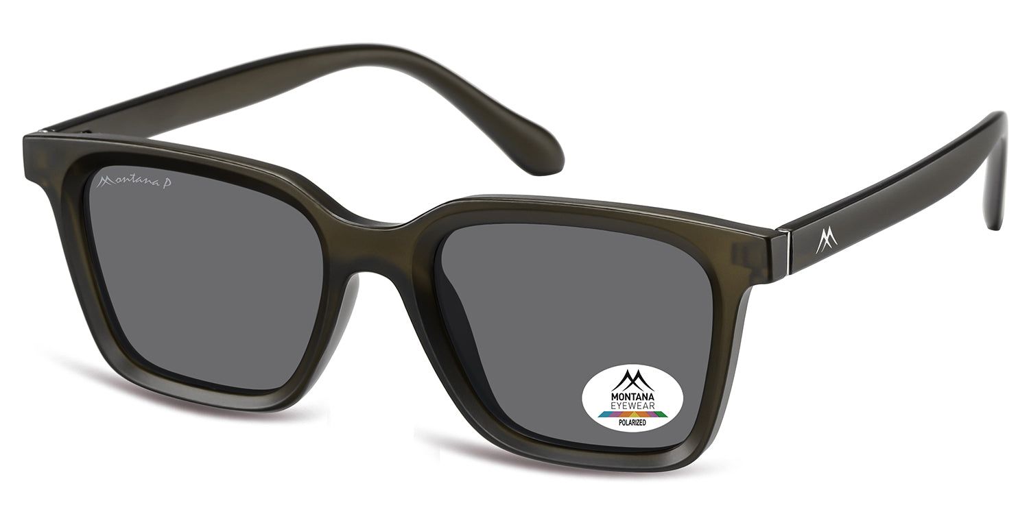 Donkergrijze zonnebril, zijaanzicht. Montana Eyewear logo op de poot. Gepolariseerde glazen.