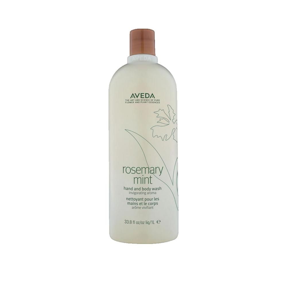 Flacon Aveda Rosemary Mint pour les mains et le corps. Étiquette blanche, texte vert et motif floral. Bouchon marron.