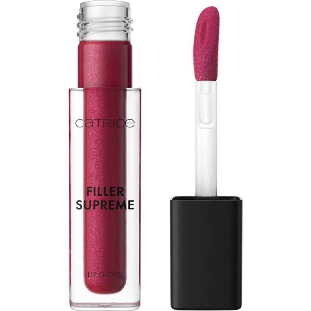 Lipglossflesje met applicator. Opschrift: Catrice, Filler Supreme, Lip Gloss. Inhoud: rode lipgloss.