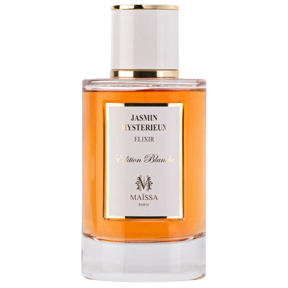 Parfumfles met witte dop en gouden details. Label met "Jasmin Mysterieux Elixir Edition Blanche" en "Maïssa Paris".