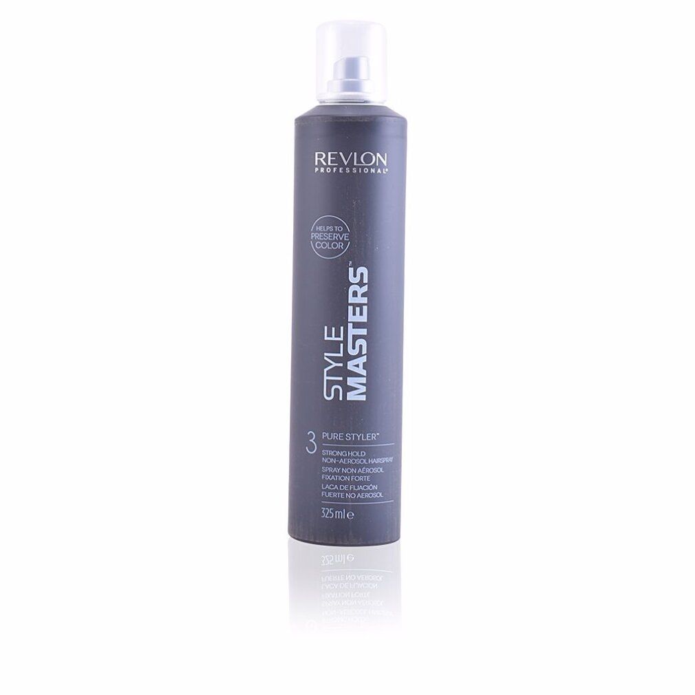 Flacon de laque gris avec vaporisateur blanc. Inscriptions: Revlon Professional, Style Masters, Pure Styler, Strong Hold.