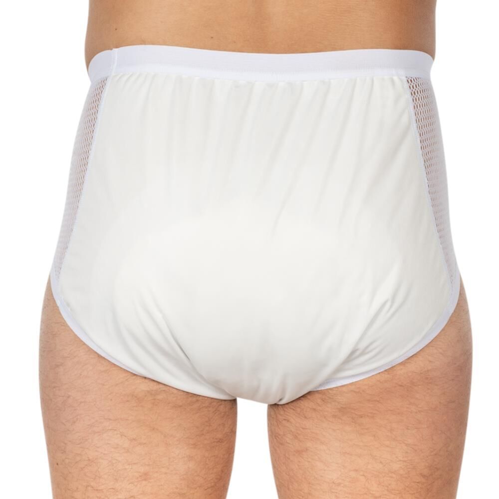 Vue arrière d'un slip d'incontinence blanc. Inserts en mesh sur les côtés. Matériau PU. Taille haute. Porté.