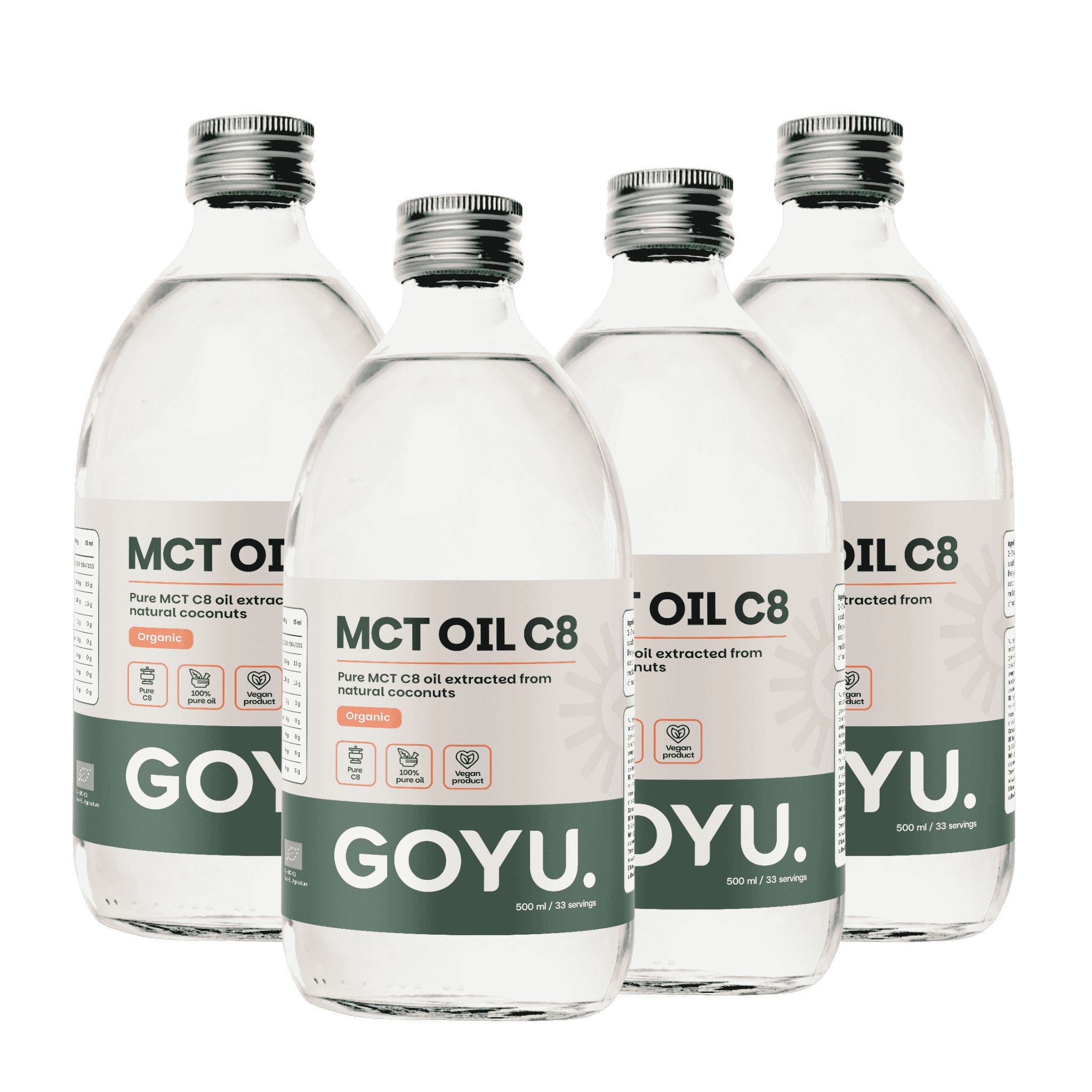 Vier flessen GOYU MCT Olie C8, pure C8-olie uit kokosnoten, 500 ml per fles.