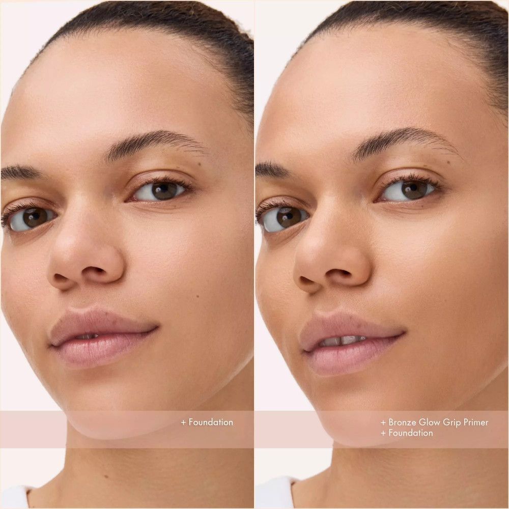 Comparaison : visage avec et sans Bronze Glow Grip Primer. Gauche : fond de teint. Droite : fond de teint + primer.