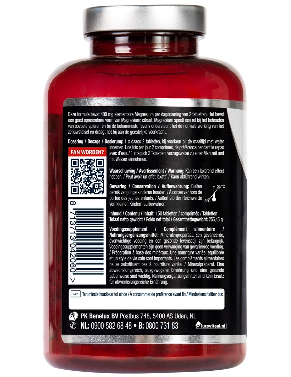 Achterkant rode fles. Tekst over samenstelling en gebruik. QR-code en houdbaarheidsdatum.