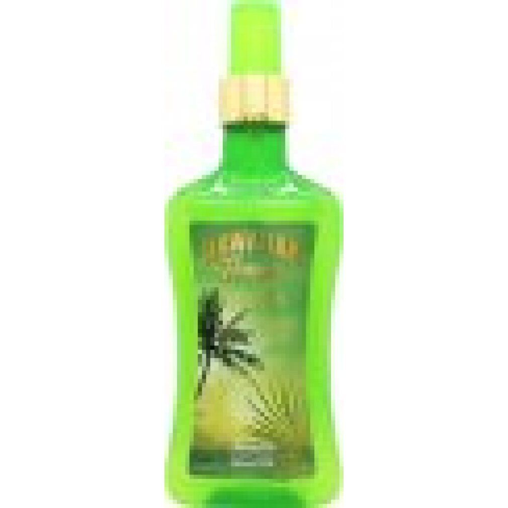 Groene fles met gouden verstuiver. Opschrift: Hawaiian Tropic Wild Escape. Afbeelding van een palmboom.
