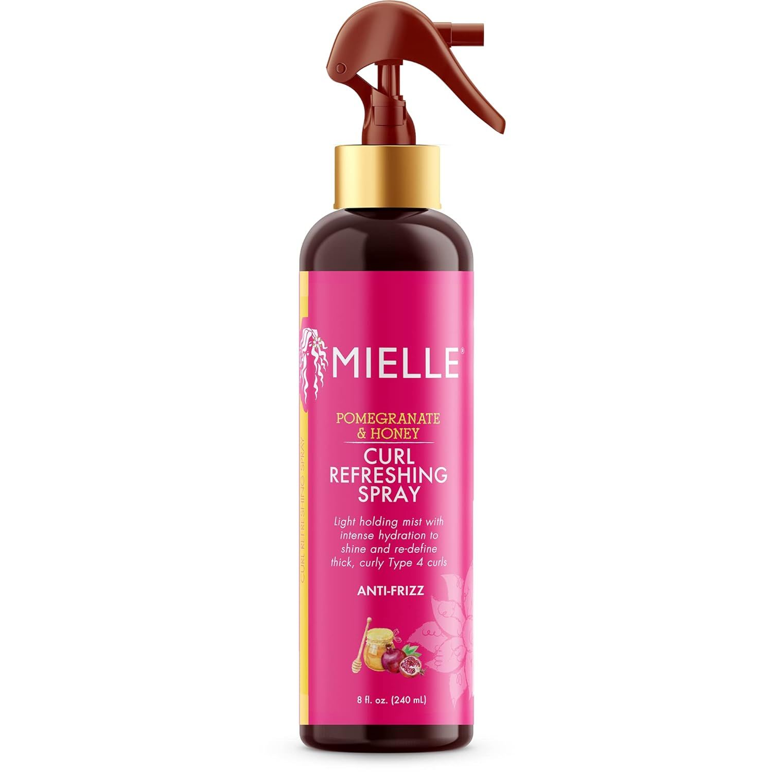 Flacon marron avec vaporisateur. Inscription : Mielle, Pomegranate & Honey, Curl Refreshing Spray. Étiquette rose.