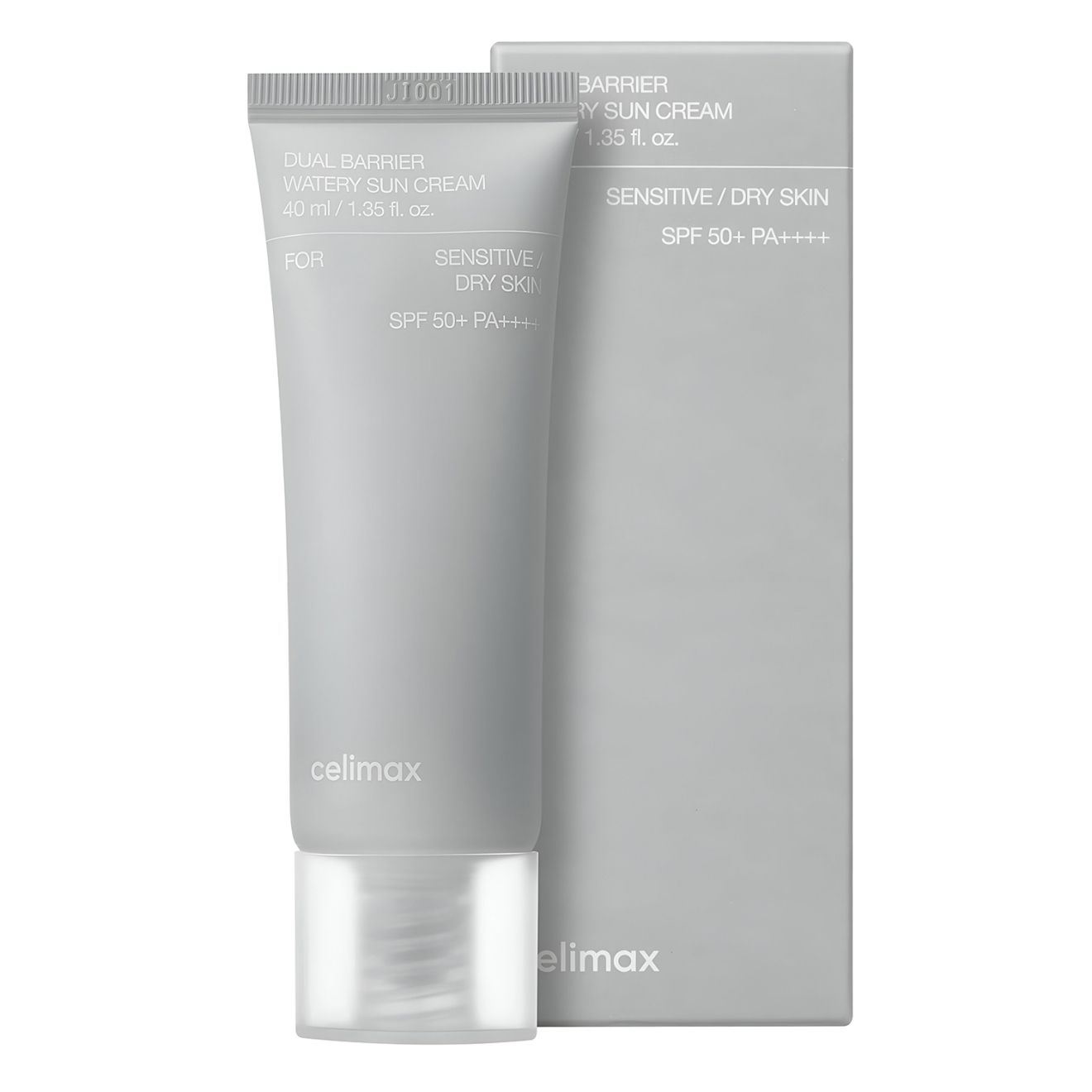 Tube et boîte Celimax Dual Barrier Watery Sun Cream, SPF 50+ PA++++, pour peaux sensibles/sèches.