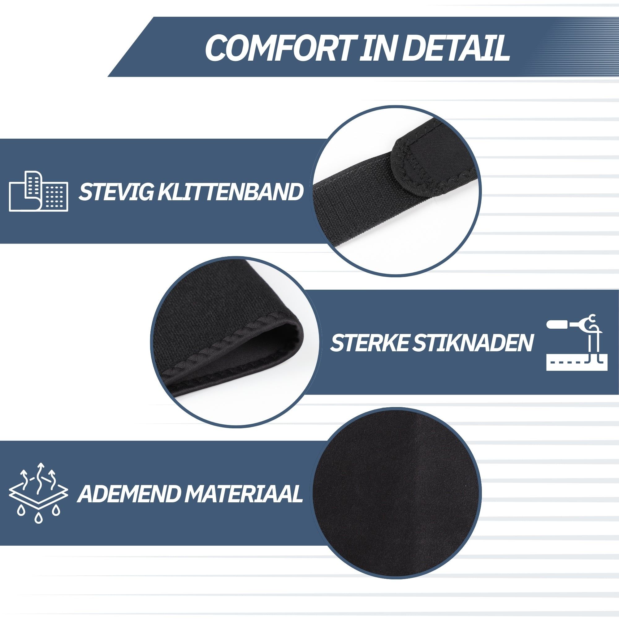 Details van een zwarte enkelbrace: stevig klittenband, sterke stiksels, ademend materiaal.
