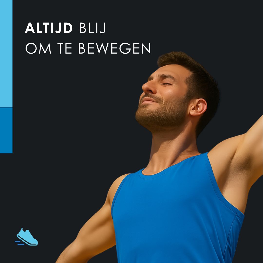 Homme avec les bras levés. Texte : TOUJOURS EN MOUVEMENT. Débardeur bleu. Fond noir. Icône de chaussure bleue.