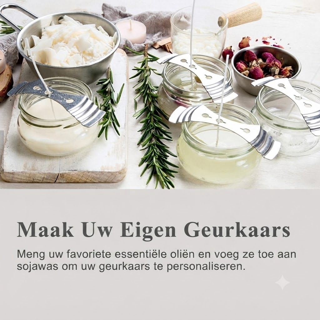 Glazen potten met kaarsvet en lonten, naast een schaal met waxvlokken en gedroogde rozen.