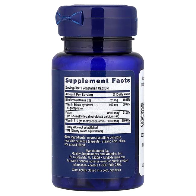 Flacon bleu Life Extension Homocystein Resist. 60 gélules végétales. Inscription : "Vegetarian Capsules".